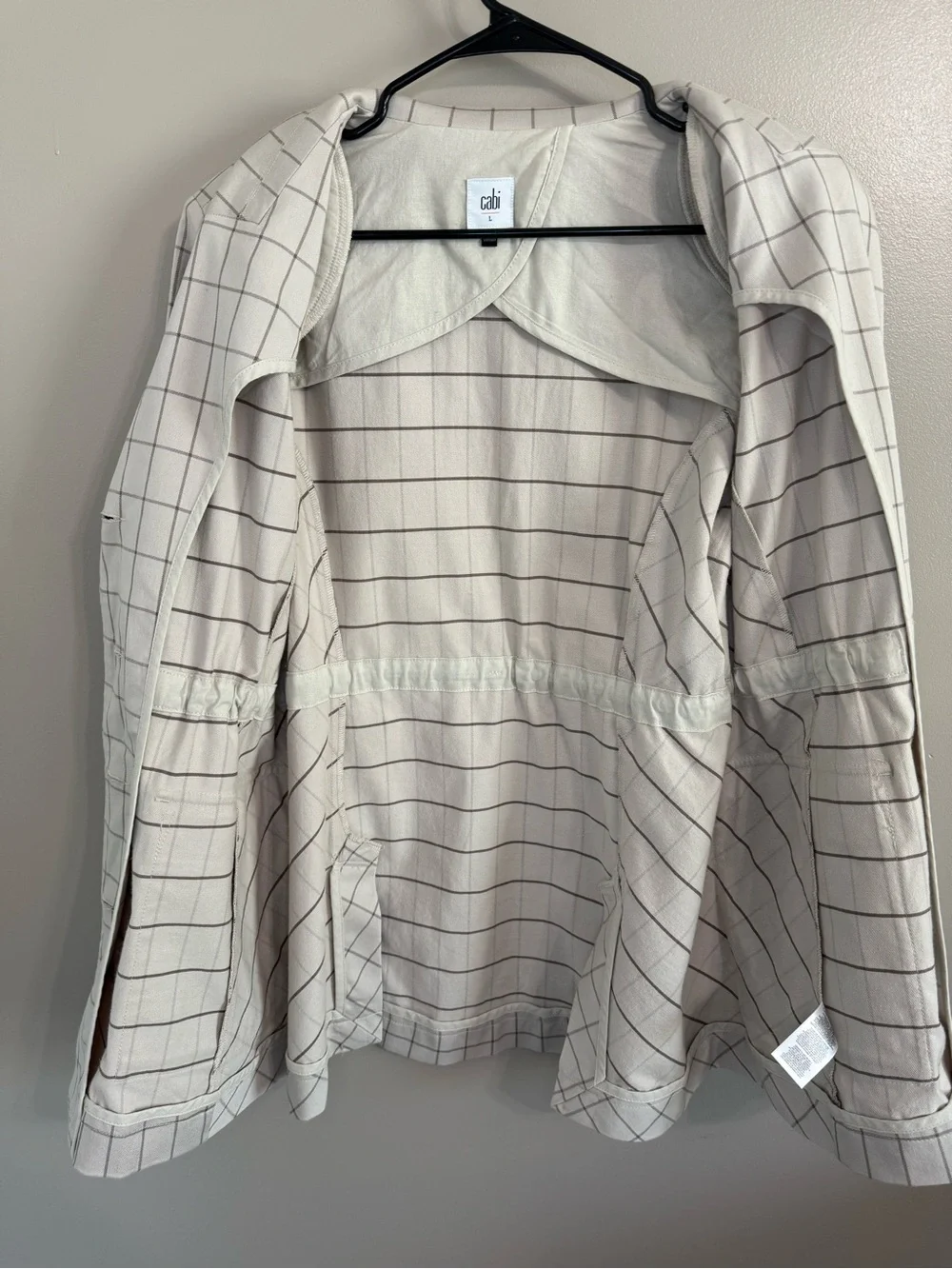 CAbi Windowpane Jacket 6026 Beige Cinched Drawstring Waist Neutral Women’s L